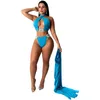 Sexig lång kjol tre färger strand solid färg halter delad baddräkt bikini + blus tredelade baddräkt set