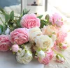 Peônia flores de seda artificial Vintage 1 Filial 3 Chefes Rose Bouquet Início Garden Party Decoração do casamento