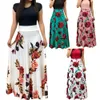 Mode-Nouvelles Femmes Robe À Manches Courtes O Cou Patchwork Femmes Robes Floral Imprimé Drapé Vestidos Femme Longue Maxi Robe Casual Robe