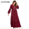 ANTIME New High Waist Dress Autumn Winter O-Neck Casual Women Tassel Embroidery A-Line Long Sleeves Elegant Maxi Wine Red Dress