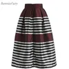 Wholesale-2018 Autumn Women Retro Classic Black White Striped Print High Waist Pleated Midi Skirt in Wine