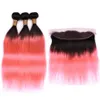 Ombre Rose Gold Straight Bundles de tissage de cheveux humains malaisiens avec frontal # 1B / Pink Ombre Straight 3Bundles avec fermeture frontale en dentelle 13x4