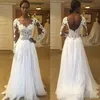 2020 Boho Brautkleider Bateau Sheer Neck Illusion Lange Ärmel Spitze Applikation Rückenfrei Chiffon Bodenlang Strandhochzeit Brautkleid