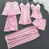 5 조각 잠옷 세트 2020 여성 새틴 잠옷 섹시한 레이스 잠옷 잠자기 라운지 Pijama Silk Night 홈 의류 파자마 세트 T200529