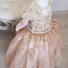 Cute Rose Gold Flower Girls' Dresses Crystal Pearls Beaded Capped Sleeves Ball Gown Princess Lace Applique Communion Birthday Party Wear