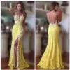 Sexy High Thigh Slit Yellow Evening Prom Dresses Lace Pearls Beaded Jewel See Though Back Special Occasion Dress Formal Vestidos De Festia