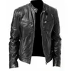 Winter Warm Black&Brown Leather Jacket Fashion Men Slim Fit Biker Motorcycle Stand Collar Slim Zip Jacket