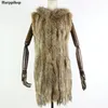 Harppihop Мех новый натуральный меховой жилет подлинный кролик мех вязаный гиленок с капюшоном длинные пальто куртки женщины зима V-211-05MX191009