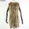 Harppihop fur New natural Fur Vest Genuine Rabbit Fur Knitted Gilet with Hooded Long Coat Jackets Women Winter V-211-05MX191009