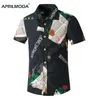 Retro Summer Shirts Men Short Sleeve Loose Floral Newspaper Print Shirt Men Casual Night Club Party Streetwear Social Shirts 5XL1266E