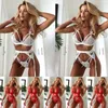 Sexy Womens crusca e mutandine slip Set esotici 3PCS Lingerie Intimo donna Babydoll Sleepwear Pizzo G-String Rosso BIANCO