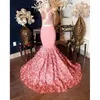 Magnifiques robes de bal de sirène rose 2019 haut transparent avec appliques 3D rose fleur balayage train robes de soirée cocktail robe de soirée formelle