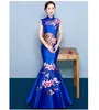 2019 sjöjungfru svans asiatisk stil kortärmad mode röd broderi brud bröllop qipao lång cheongsam kinesisk traditionell klänning retro