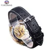 ForSining Watch Golden Skeleton Clock Male Mens Mechanical Wrist Watches Top Brand Luxury Black äkta läderbälte Lysande hand2837