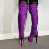 Rontic fait à la main femmes plate-forme sur le genou bottes minces talons hauts bottes bout rond violet chaussures de fête femmes Plus taille américaine 5-20