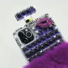 3D Diamond Perfume Bottle Girls Furry Phone Cases for iPhone 14 13 12 11 Pro Max XR 7 8 Samsung S21 S22 Bling Crystal Rhinestone Design with Lanyard Ground