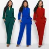 Europeiska våren och hösten ny fast färg Turtleneck Stand Collar Long Sleeve Pocket Belt Jumpsuit. Stöd blandat parti