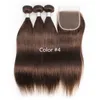 3 buntar med 4x4 spetsstängning färg 2 4 mörkbrun silkeslen raka hårbuntar rå jungfru indisk brasiliansk peruansk mänsklig hårförlängningar