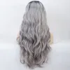 OMBRE GRAY LING WAVY WAVY PONCTETIC LACE FRONT WIG Silver BLAIN ROOTS إلى WIGS رمادي للنساء الجزء الأوسط من الألياف المقاومة للحرارة Soft1976496