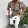 남성 셔츠 패션 프린트 셔츠 카디건 골드 체인 패턴 트렌드 반소매 단추 셔츠 탑 슬림 피트 셔츠 패션 캐주얼 의류