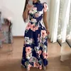 Casual Dresses Summer Autumn Dress 2021 Short Sleeve Long Boho Floral Print Maxi Turtleneck Bandage Elegant Vestido303y