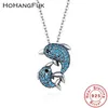 Moda-925 plata esterlina doble amoroso delfín azul CZ colgante collares para mujeres joyería de plata esterlina de lujo