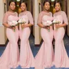 Blush Rosa Africano Africano Nigeriano Sereia Vestidos de Dama de Honra Com Manga 2019 Sheer Lace Neck Plus Tamanho Doméstica de Honor Wedding Convider Vestido