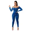 Women Velvet Jumpsuits 2 Piece Outfits Long Sleeve Bodysuit Tops Skinny Long Pants Jumpsuit Tracksuit Sets