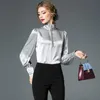 Women's Blouses & Shirts Office Lady Satin Silk Blouse Women Vintage Turtleneck Long Sleeve Shirt Casual Lantern Grey Purple White Blusa Fem