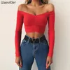 Kadınlar T -Shirts Seksi ve Kulüp Moda Kadın T -Shirt Uzun Kollu Omuz Düz Renkli Lady Tshirt Sonbahar Temel Tees Boyut S -L