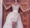 Nya vestido kort spetsar tyll lång ärmhölje bröllopsklänning transparent fest sexiga brudklänningar anpassade applikationer borttagbara tåg1377543