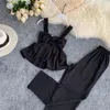 Calças de luxo conjuntos femininos roupas novas alças verão colheita topos soltos calças perna larga louiseity ternos mulher duas peças conjunto moda praia terno 9098