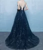 Navy Blue Evening Dress Scoop Sleevless Zipper Back Sweep Train Long Prom Dress with Shining Sequins