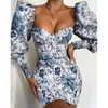 Women Floral Print Vintage Dress Puff Sleeve Blue and White Porcelain Print Mini Dress Party Night Elegant Bodycon Dresses