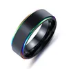 Update Rainbow Gold Side Brush Ring Band Black Stainless Steel Wedding Rings Fashion Jewelry for Women Men Gift