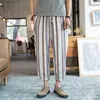 Summer Elastic Waist Men Baggy Pants Loose Cotton Linen Wide Legs Stripe Print Drop Crotch Heren Joggers Plus Size 3Xl Ds50154