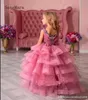 Roze sequin kinderen formele slijtage bloem meisje jurken tule kant applique bloemen sjerp vloer lengte meisjes pageant verjaardagspartij jurken