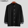 INCERUN Camicia da uomo vintage in cotone a maniche lunghe con colletto alla coreana solido 2019 Camicetta streetwear Camicia da uomo casual tradizionale cinese1