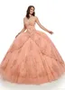 2020 Çarpıcı Allık Pembe Elbiseler Quinceanera Balo Gown Tatlı 15 Elbise Straplez Dantel-Up 3D Çiçek Aplike Dantel Çiçekler Boncuklu Cry2548