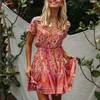 BOHO INSPIRIERTES lockeres Sommerkleid 2020 rosa Blumendruck Boho-Kleid V-Ausschnitt Kurzarm Damenkleider neuer Urlaubsstrand