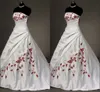 White Satin Red Embroidered Wedding Dresses Plus Size Ball Gown For Bride 2022 Strapless Lace-up Pleats Draped Vintage Wedding Gowns