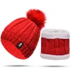 Kvinnor som stickar hatt ull Pure Color Scarf Set Matching Hats Winter Warm Cap Casual Pompom Bobble Beanie8000003