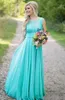 Aqua azul dama de honra vestidos de lantejoulas chiffon vestido de convidado de casamento de verão para o comprimento do assoalho do partido apliques vestidos de dama de honra do laço