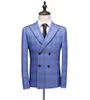 Nowy Popularny Blue Groom Tuxedos Slim Fit 3 Sztuk Męskie Garnitury ślubne Double Breasted Blazer Formalne Mężczyźni Garnitur Business (Kurtka + Spodnie + Kamizelka)