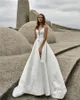 Elbeth Gillis A Line Wedding Dresses V Neck High Side Split Lace Satin Beach Bridal Gowns Backless Sweep Train Wedding Dress Robe De Soiree