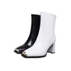 Sıcak Satış-Asumer Siyah Beyaz Moda Ayak Bileği Çizmeler Kadınlar için Kare Toe Zip Patent İnek Deri Çizmeler Kalın Yüksek Topuklu Bayan Boors
