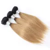 1B27 Ombre Honey Blond Blond Bunde Blond Closure Dark Roots 50g / 번들 10-14 인치 4 번들 브라질 스트레이트 인간의 머리카락 확장