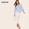 Frühling Blau Bischof Sleeve Shirred Manschette gestreifte Peplum Bluse Frauen Casual Baumwolle V-Ausschnitt Langarm Top Damen Blusen C19041001