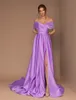 Modest Purple Sliviamo A Line Prom Dress Off spalla manica corta Split Satin Party Dress Sweep Train robes de soir￩e