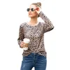 Kvinnor Casual T Shirts Round Neck Leopard Blusar Skriv ut Tunika Toppar Långärmad Lady Tees Toppar Kvinna Kläder T-shirt